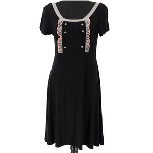 Annie50 Women's Large Ruffle Bib Noir Lined Fit & Flare‎ Dress Black Trim Jersey